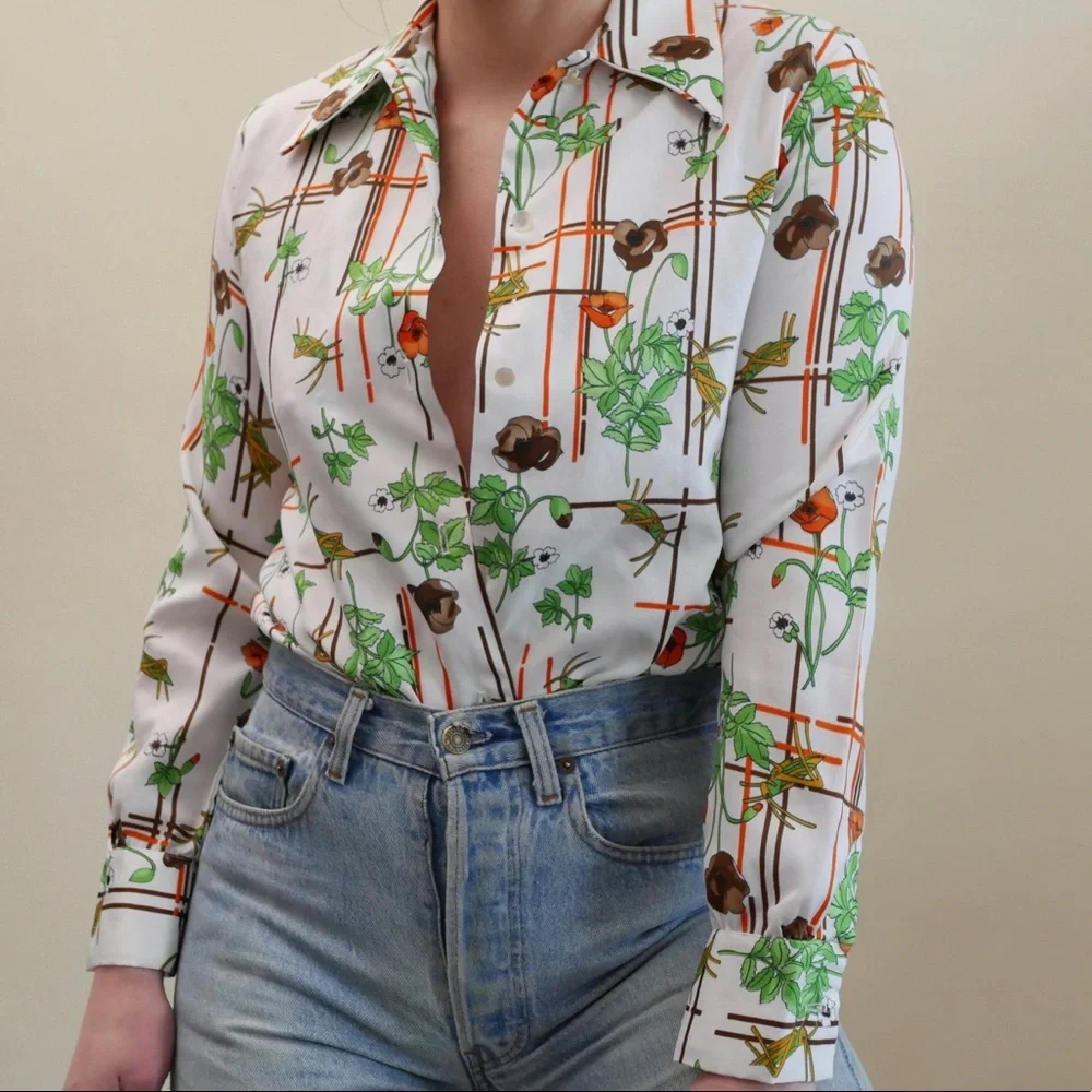 Vintage 70s Button Up Shirt Collared Bold Floral Print White + Green Pattern - Picture 1 of 7
